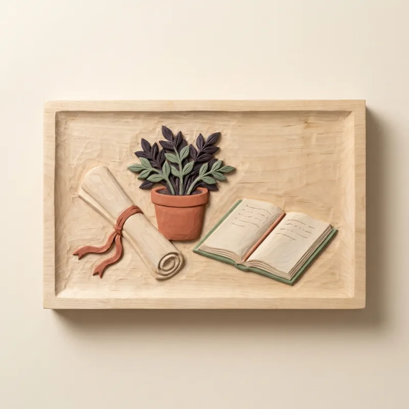 A rolled diploma beside a notebook and a small plant